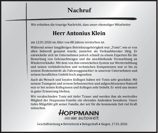 Traueranzeige von Antonius Klein von Siegener Zeitung