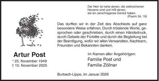 Traueranzeige von Artur Post von Siegener Zeitung