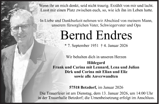 Traueranzeige von Bernd Endres von Siegener Zeitung