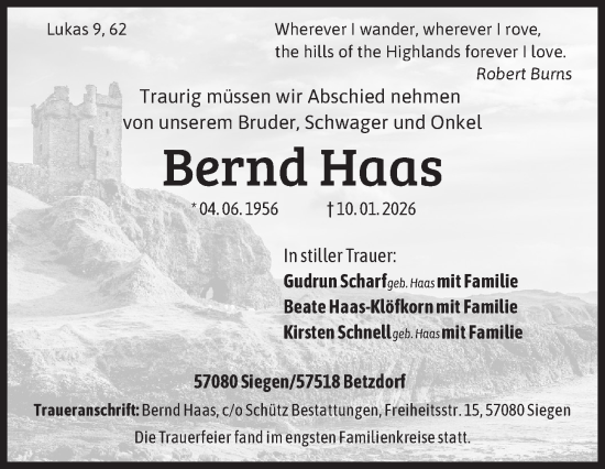 Traueranzeige von Bernd Haas von Siegener Zeitung