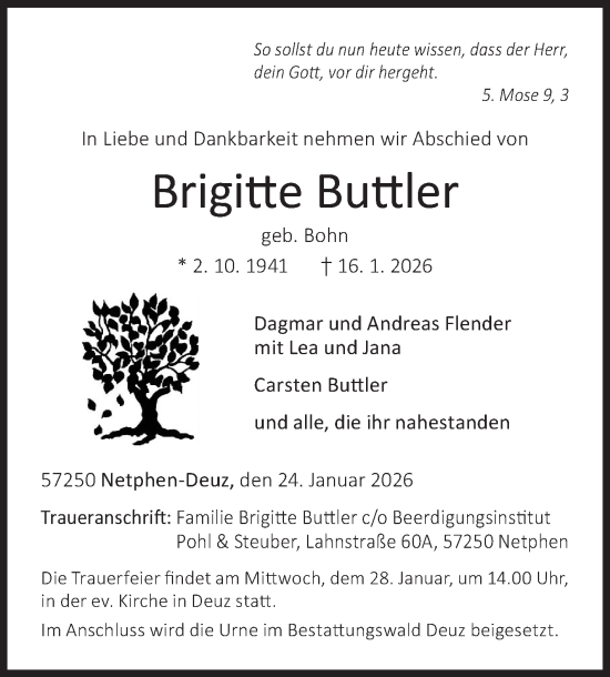 Traueranzeige von Brigitte Buttler von Siegener Zeitung