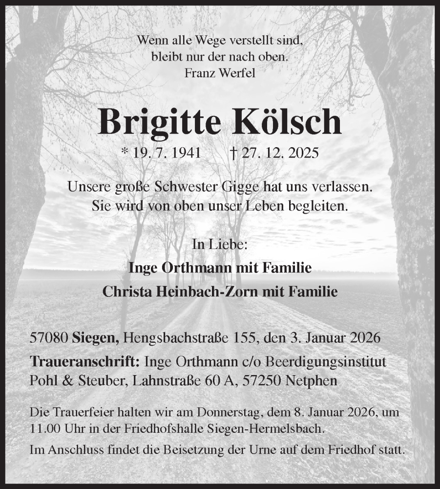  Traueranzeige für Brigitte Kölsch vom 03.01.2026 aus Siegener Zeitung