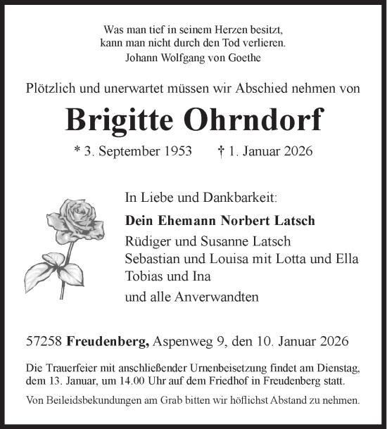 Traueranzeige von Brigitte Ohrndorf von Siegener Zeitung