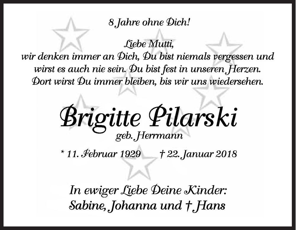  Traueranzeige für Brigitte Pilarski vom 22.01.2026 aus Siegener Zeitung