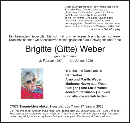 Traueranzeige von Brigitte Weber von Siegener Zeitung