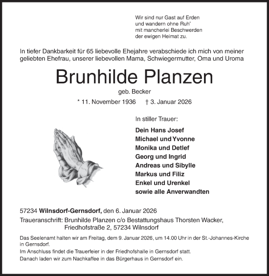 Traueranzeige von Brunhilde Planzen von Siegener Zeitung