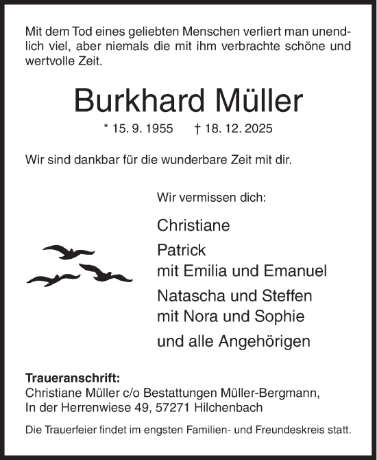Traueranzeige von Burkhard Müller von Siegener Zeitung