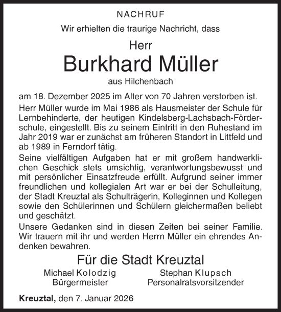 Traueranzeige von Burkhard Müller von Siegener Zeitung