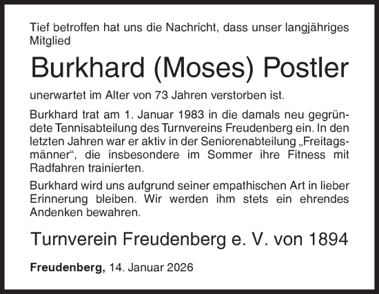 Traueranzeige von Burkhard Postler von Siegener Zeitung
