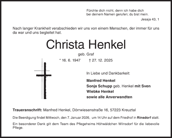 Traueranzeige von Christa Henkel von Siegener Zeitung