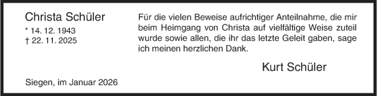Traueranzeige von Christa Schüler von Siegener Zeitung