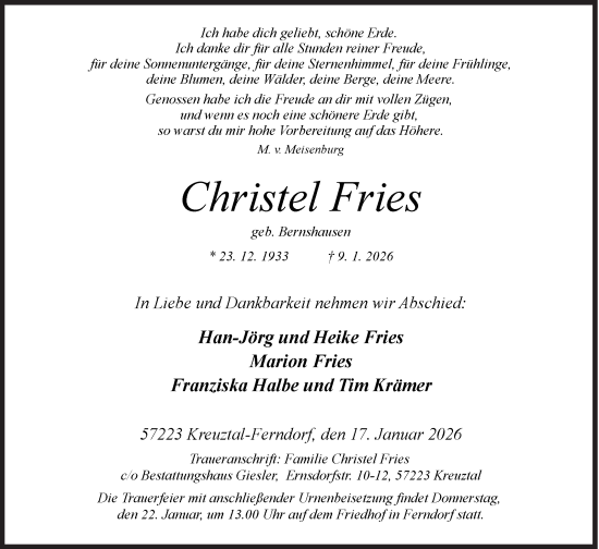 Traueranzeige von Christel Fries von Siegener Zeitung