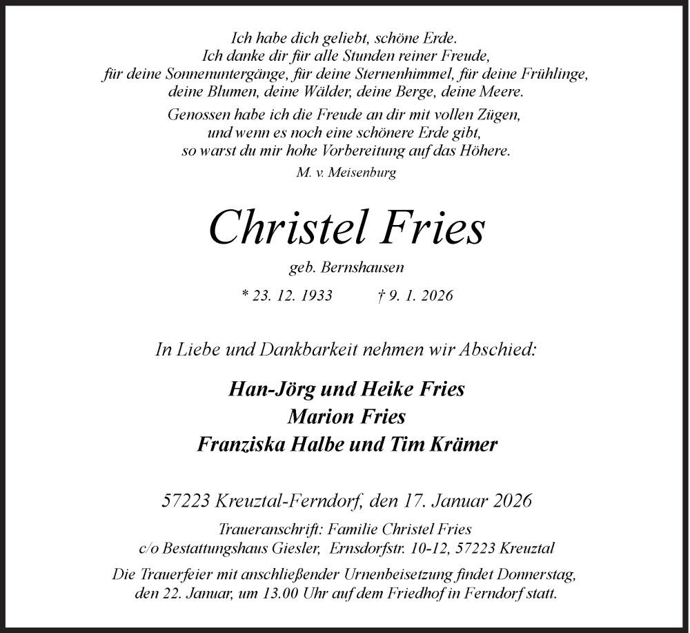  Traueranzeige für Christel Fries vom 17.01.2026 aus Siegener Zeitung