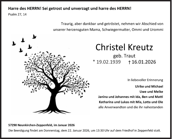 Traueranzeige von Christel Kreutz von Siegener Zeitung