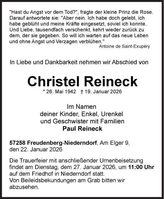 Traueranzeige von Christel Reineck von Siegener Zeitung
