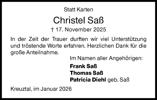 Traueranzeige von Christel Saß von Siegener Zeitung