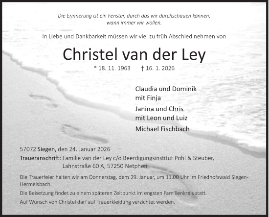 Traueranzeige von Christel van der Ley von Siegener Zeitung