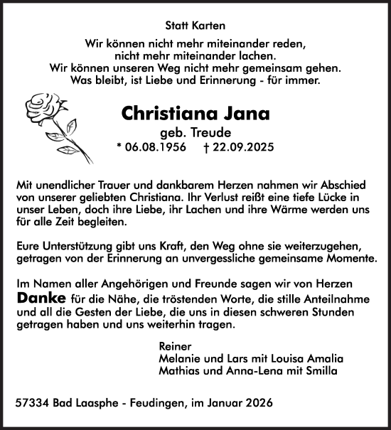 Traueranzeige von Christiana  Jana von Siegener Zeitung
