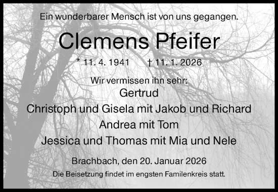 Traueranzeige von Clemens Pfeifer von Siegener Zeitung