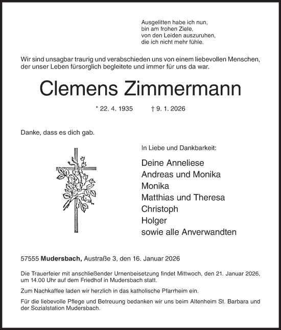 Traueranzeige von Clemens Zimmermann von Siegener Zeitung