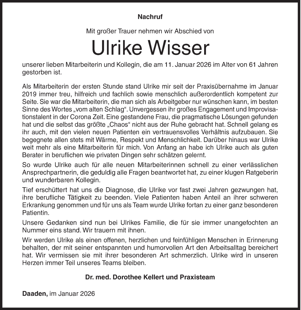  Traueranzeige für Ulrike Wisser vom 24.01.2026 aus Siegener Zeitung