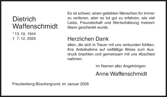 Traueranzeige von Dietrich Waffenschmidt von Siegener Zeitung