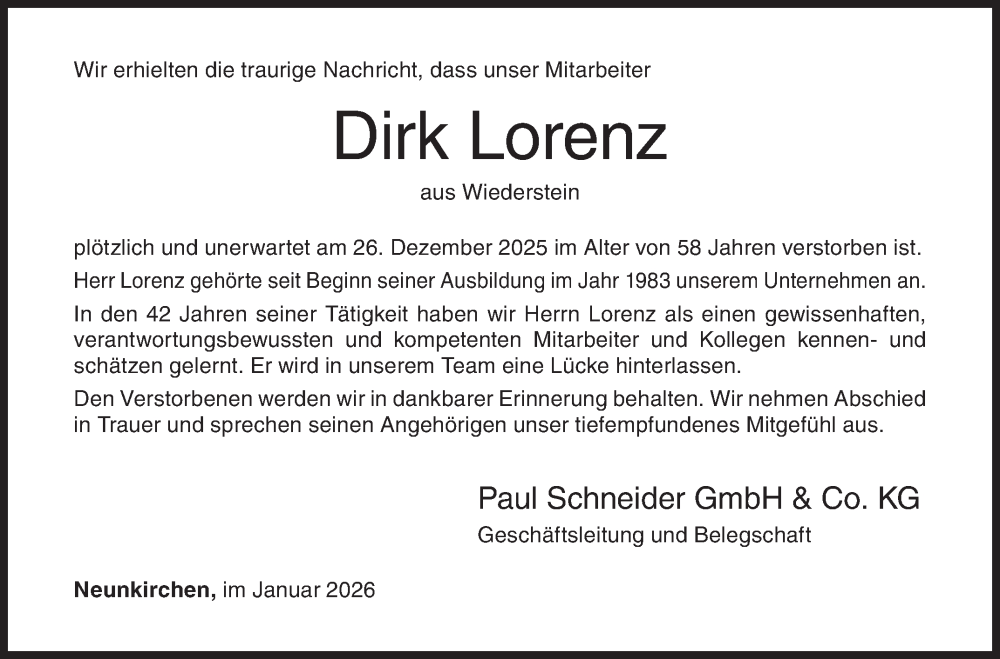  Traueranzeige für Dirk Lorenz vom 07.01.2026 aus Siegener Zeitung