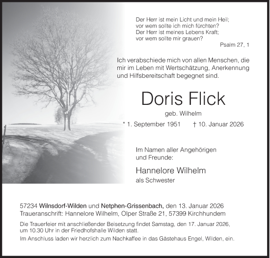 Traueranzeige von Doris Flick von Siegener Zeitung