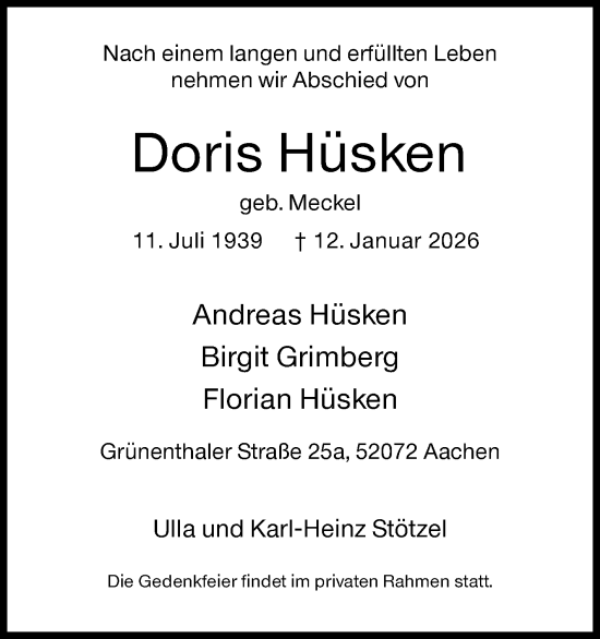 Traueranzeige von Doris Hüsken von Siegener Zeitung