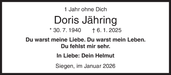 Traueranzeige von Doris Jähring von Siegener Zeitung
