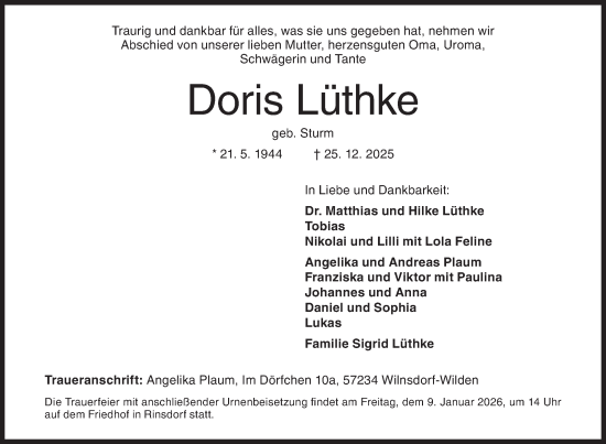 Traueranzeige von Doris Lüthke von Siegener Zeitung