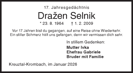 Traueranzeige von Drazen Selnik von Siegener Zeitung