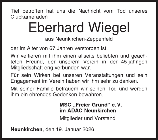 Traueranzeige von Eberhard Wiegel von Siegener Zeitung