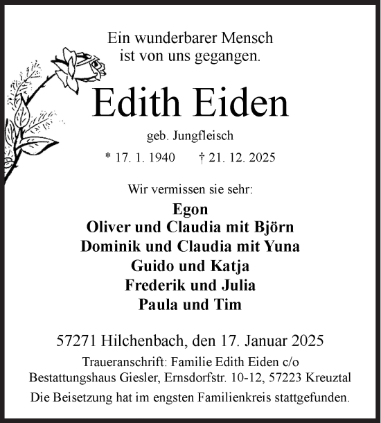 Traueranzeige von Edith Eiden von Siegener Zeitung