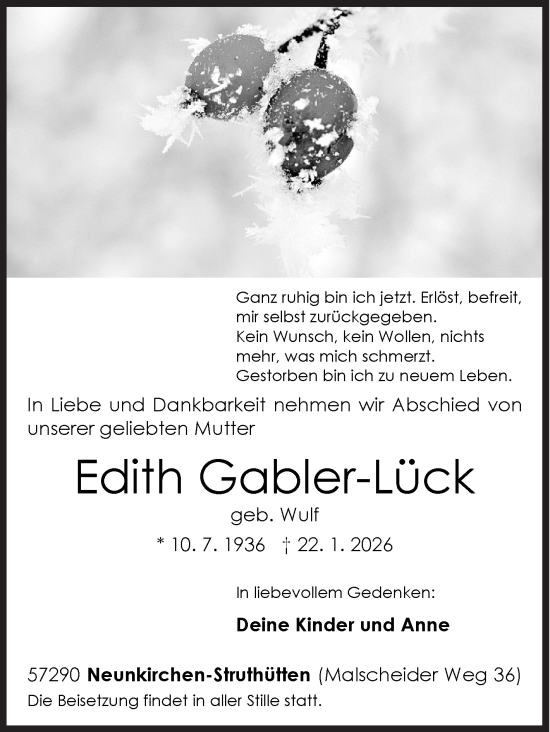Traueranzeige von Edith Gabler-Lück von Siegener Zeitung