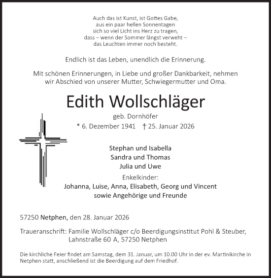 Traueranzeige von Edith Wollschläger von Siegener Zeitung