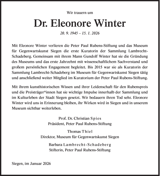 Traueranzeige von Eleonore Winter von Siegener Zeitung