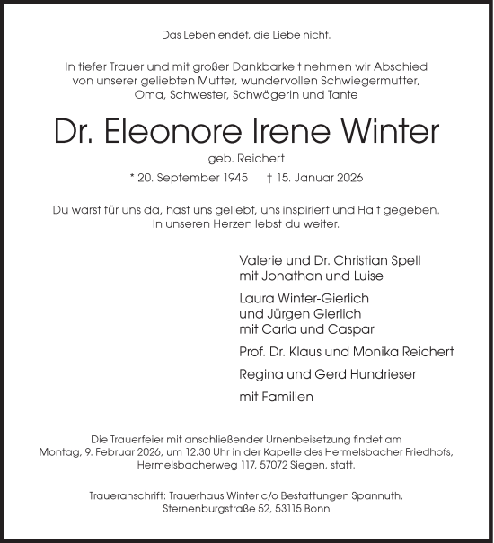 Traueranzeige von Eleonore Irene Winter von Siegener Zeitung