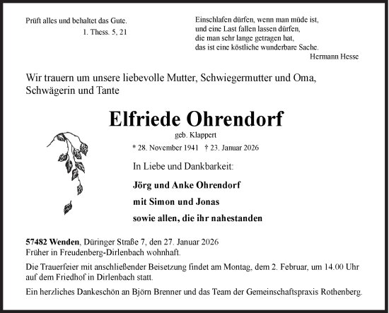 Traueranzeige von Elfriede Ohrendorf von Siegener Zeitung