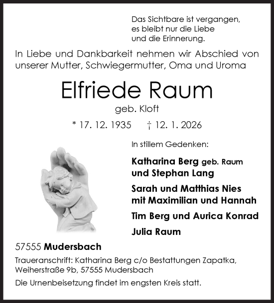 Traueranzeige von Elfriede Raum von Siegener Zeitung