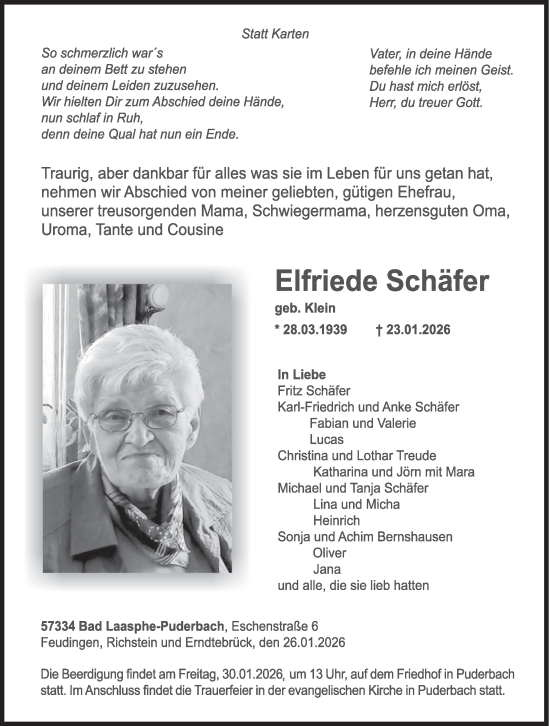 Traueranzeige von Elfriede Schäfer von Siegener Zeitung