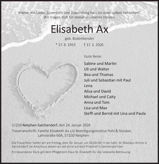 Traueranzeige von Elisabeth Ax von Siegener Zeitung