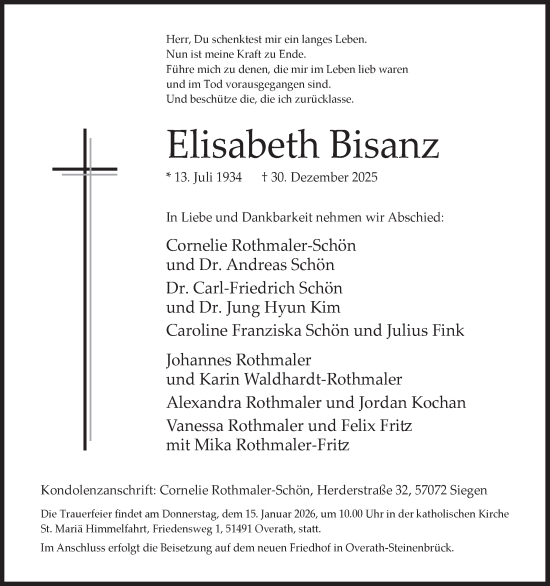 Traueranzeige von Elisabeth Bisanz von Siegener Zeitung