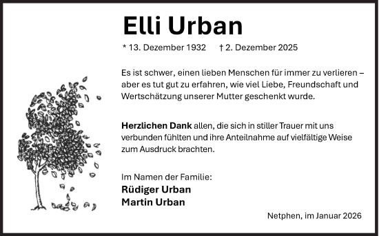 Traueranzeige von Elli Urban von Siegener Zeitung