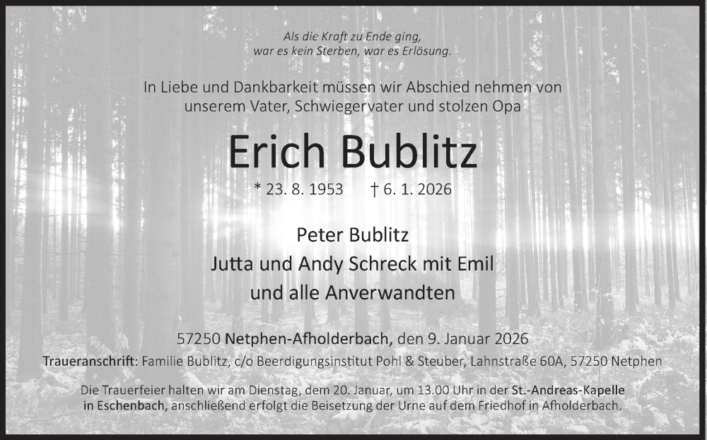  Traueranzeige für Erich Bublitz vom 09.01.2026 aus Siegener Zeitung