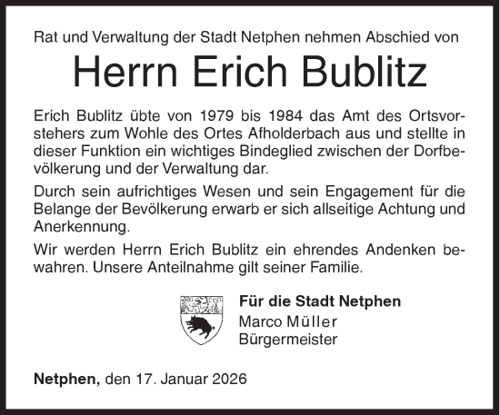 Traueranzeige von Erich Bublitz von Siegener Zeitung