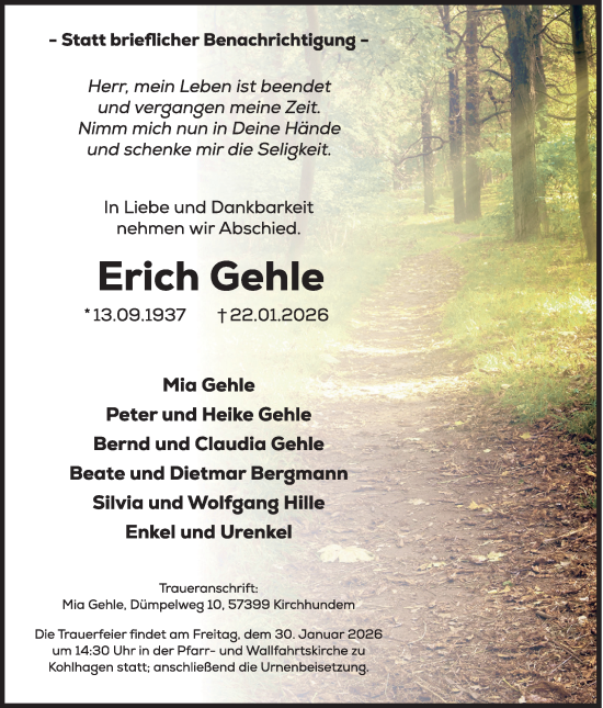 Traueranzeige von Erich Gehle von Siegener Zeitung