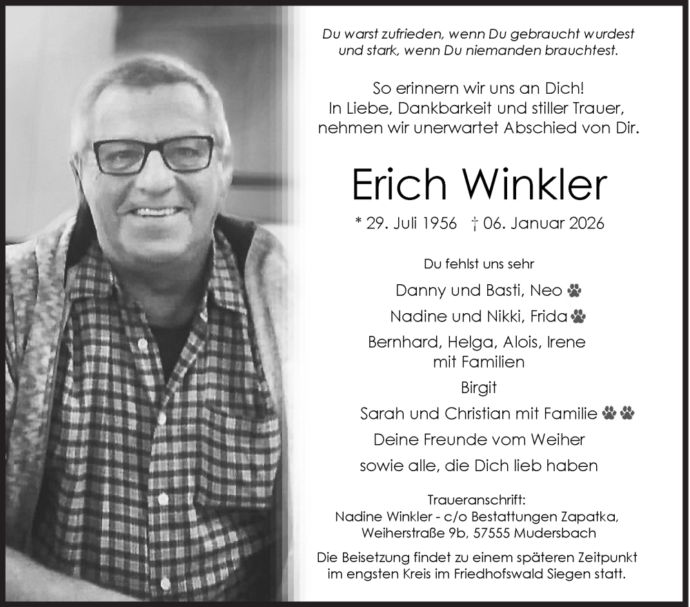  Traueranzeige für Erich Winkler vom 13.01.2026 aus Siegener Zeitung