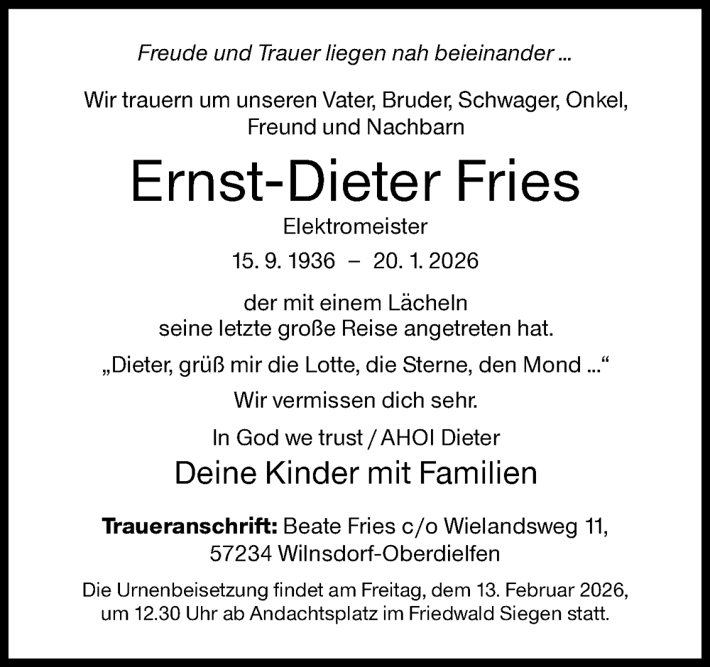  Traueranzeige für Ernst-Dieter Fries vom 31.01.2026 aus Siegener Zeitung