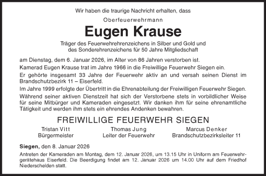 Traueranzeige von Eugen Krause von Siegener Zeitung